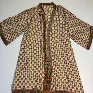 Indie Ella Silk Blend Kimono Cardigan Floral Block Print One Size Cream Red Boho
